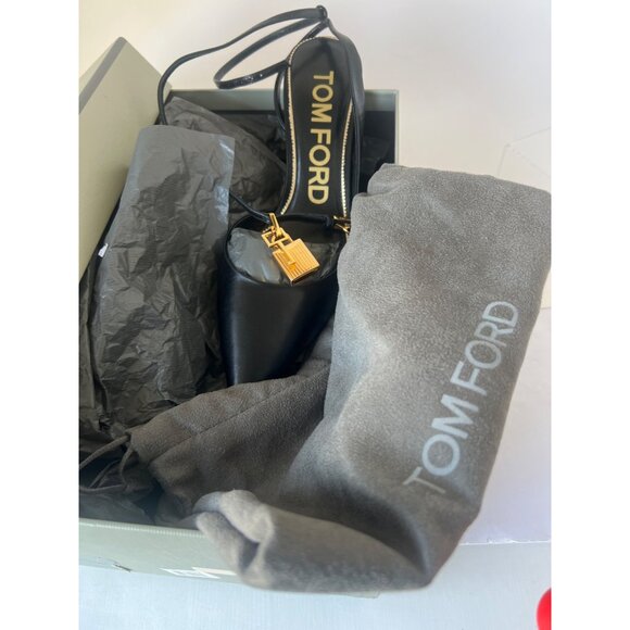 Tom Ford Padlock Black Leather Heels Women Pointed Toe Golden Kitty Heel Size 39 - Picture 11 of 13